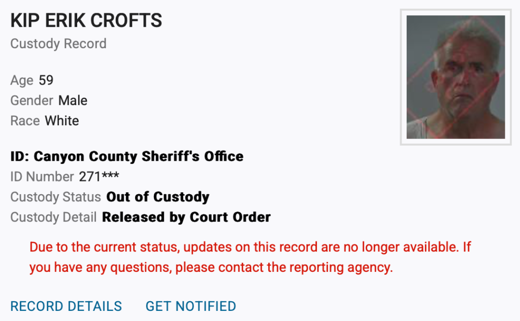 Screenshot from VINELink of Kip Crofts